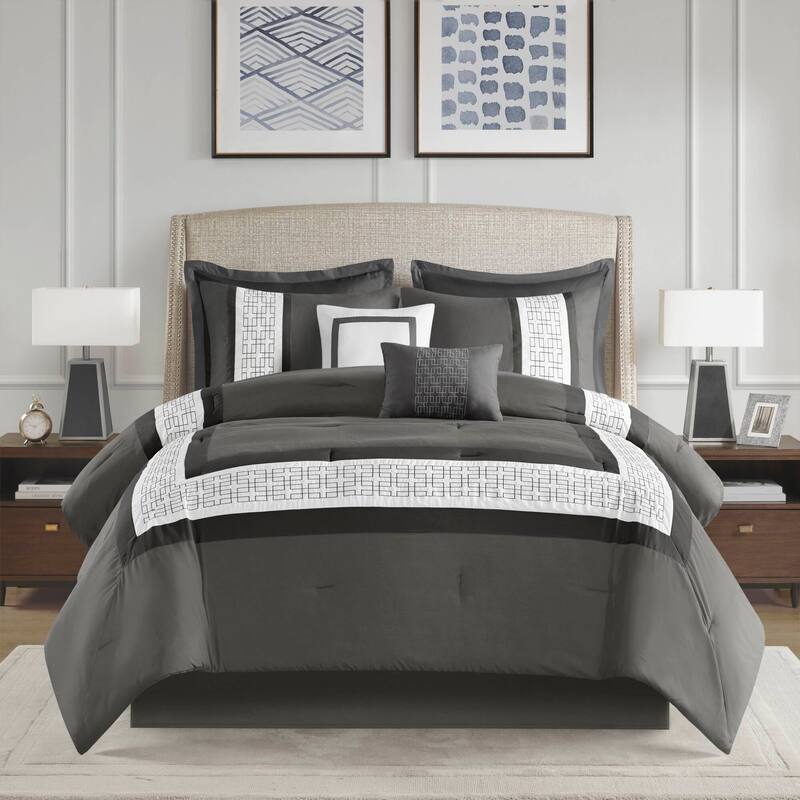 510 Design Kingwood Navy/ White 8 Piece Embroidered Comforter Set - Dark Grey - King
