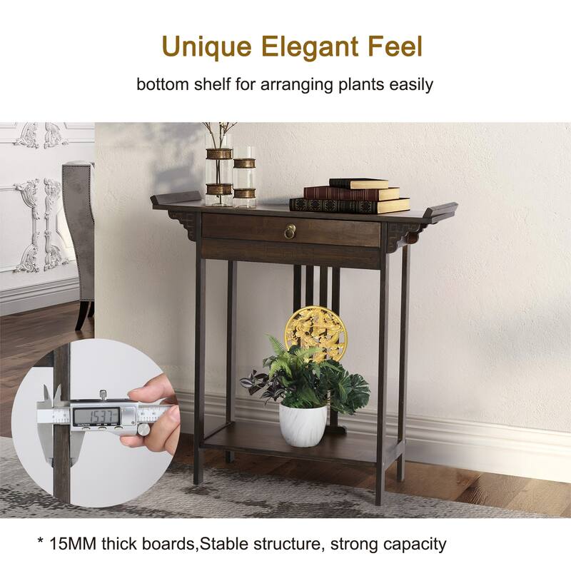 Gold Relief Dragon Totem Brown Console Table Entryway Table with Drawer and Bottom Shelf - 32.09x12.6x32.28''