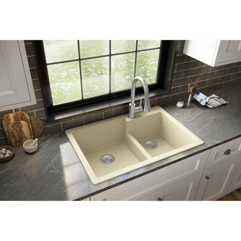 Karran 33" Top Mount Large/Small Bowl Quartz Kitchen Sink Kit - 33" x 22" x 9"