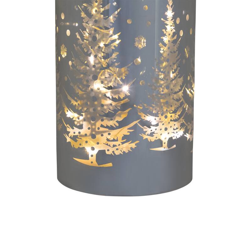 LED Lighted Winter Pine Trees Glass Hurricane Christmas Candle Decoration - 8"