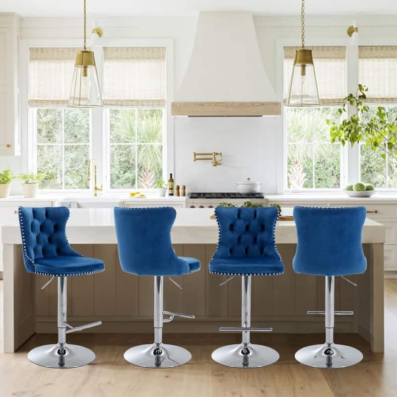 Velvet Upholstered Nailheads Tufted Swivel Bar Stools (Set of 6) - Navy SliverBase Set of 4