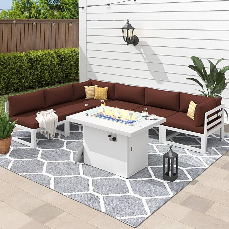 7 Piece Aluminum Patio Furniture Set with Fire Pit Propane/Gas, 29 inch Deep Wide Seat Aluminum Outdoor Sectional