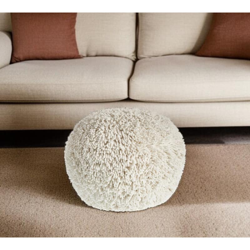 HomeRoots 20" Cream Cotton Tufted Round Geometric Pouf Ottoman