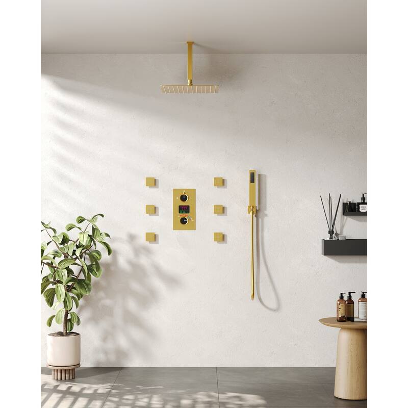 Pressure-Balanced Rainfall Shower System with LCD Display, 12" Ceiling Mount Shower Faucet Set with Body Jets