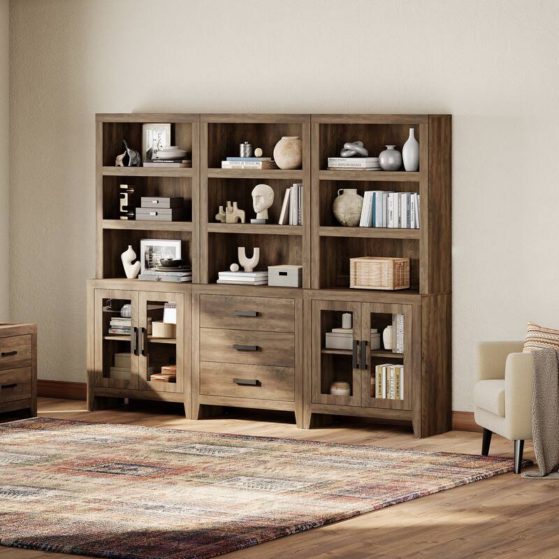 WAMPAT 74" Tall Bookshelf with Glass Doors and Drawers, Farmhouse Bookcase with Adjustable Shelves