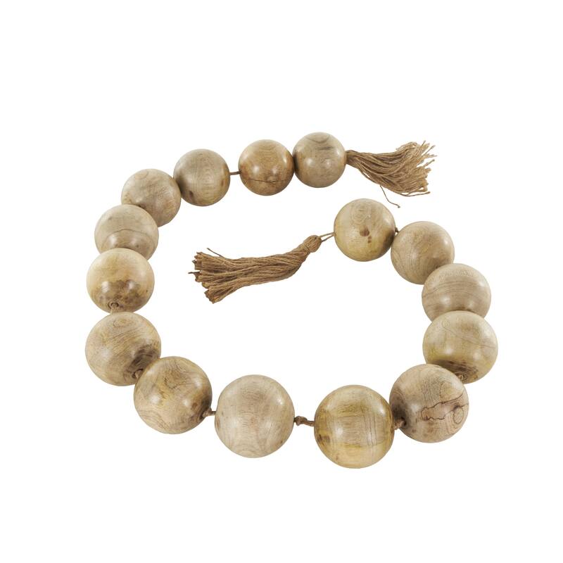Mango Wood Handmade Round Extra Long Washed Orb Garland with Tassel - Brown, Black or White - Roche River Decor