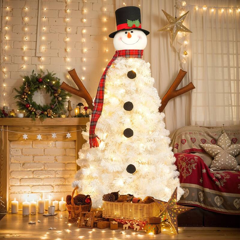 4 FT Pre-lit Hinged Full Tree, Snowman-Shaped Artificial Christmas Tree with LED Lights and 380 Branch Tips for Festival