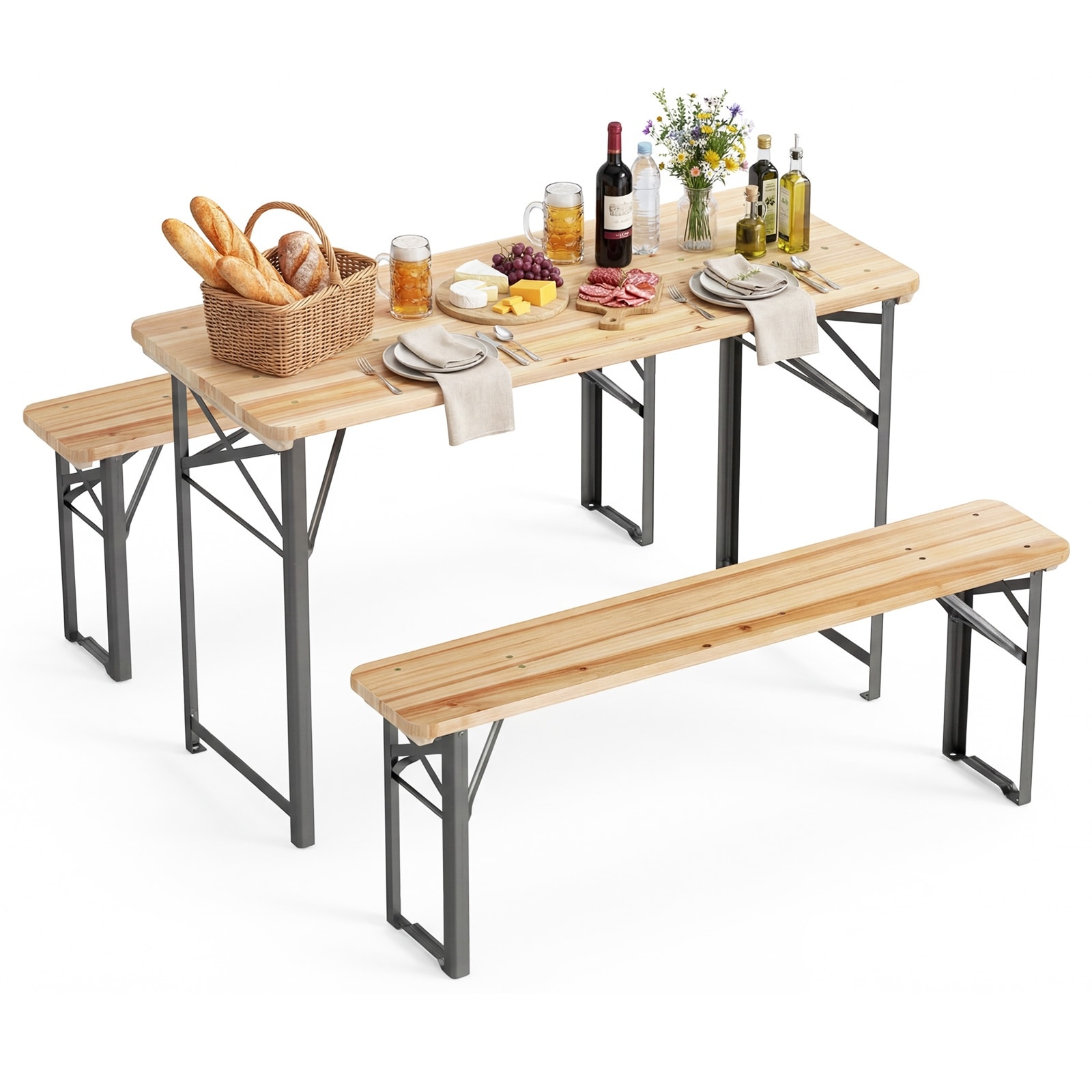 Gymax 3PCS Folding Picnic Table w/ Benches Seats & Metal Frame for
