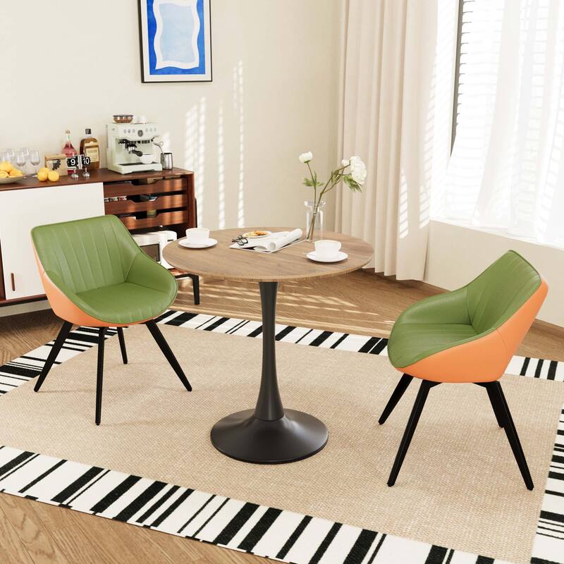 31.5 " MDF round dining table, tulip dining table, and 2 artificial leather decorative chairs with black metal legs