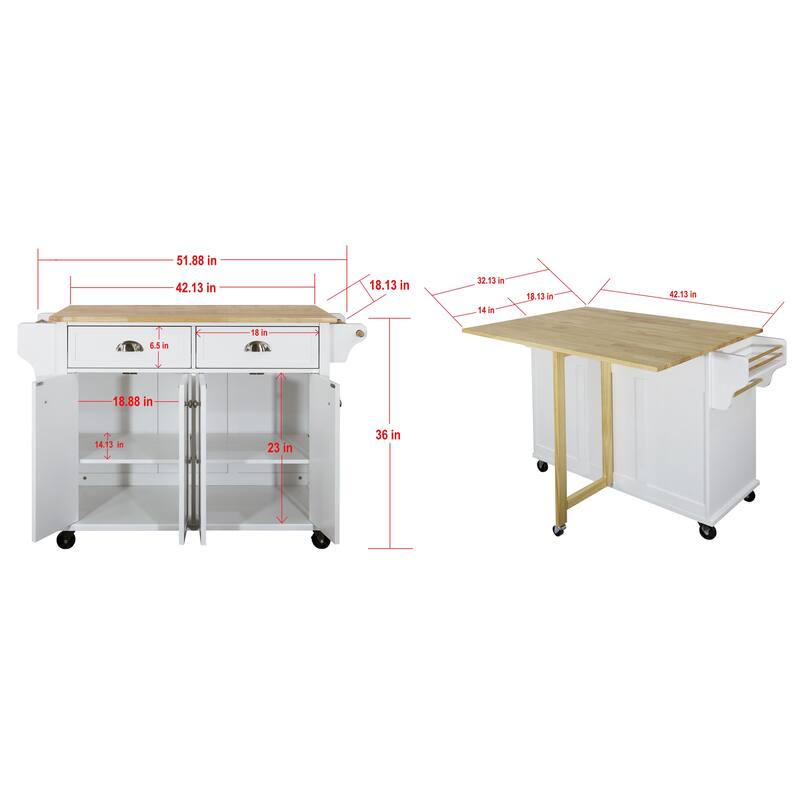 Kitchen Island with Wood Top, Kitchen Storage Cart on Locking Wheels, Mobile Island Table with 2 Drawers & Adjustable Shelves