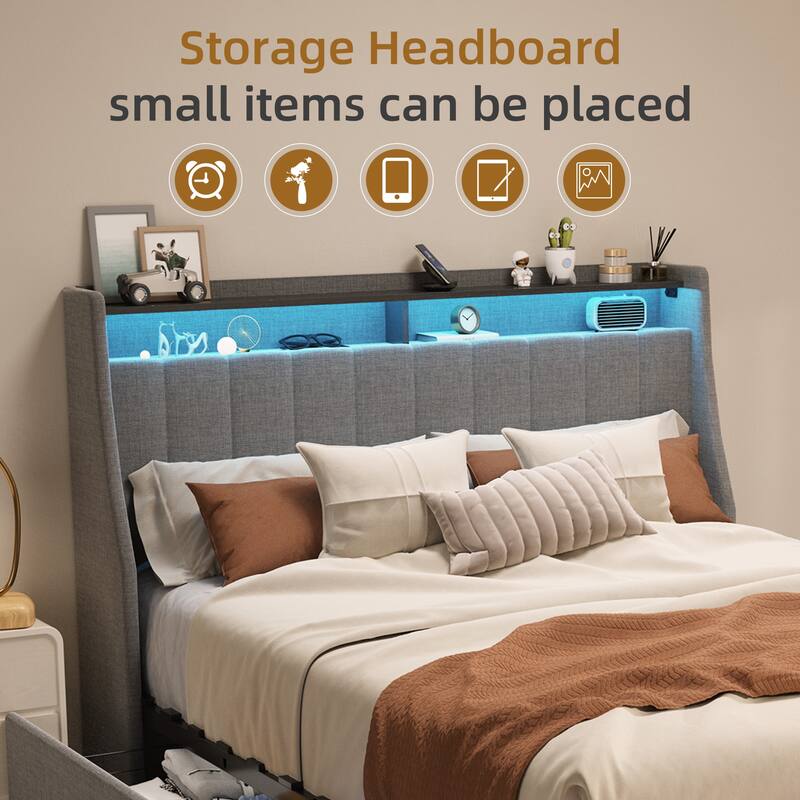 Queen/Full/Twin Size Wings Headboard Design Bed Frame with LED, 4 Under-bed Portable Storage Drawers