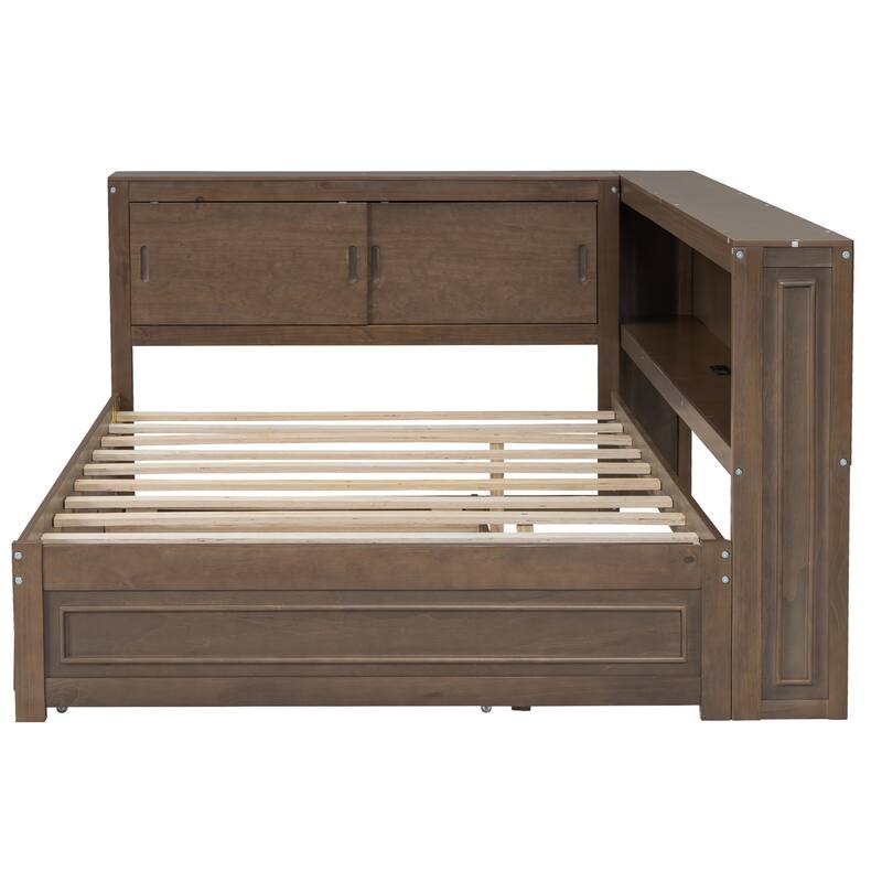 Full Size Wood Daybed with Storage, USB, LED, and Trundle in Antique Wood Finish