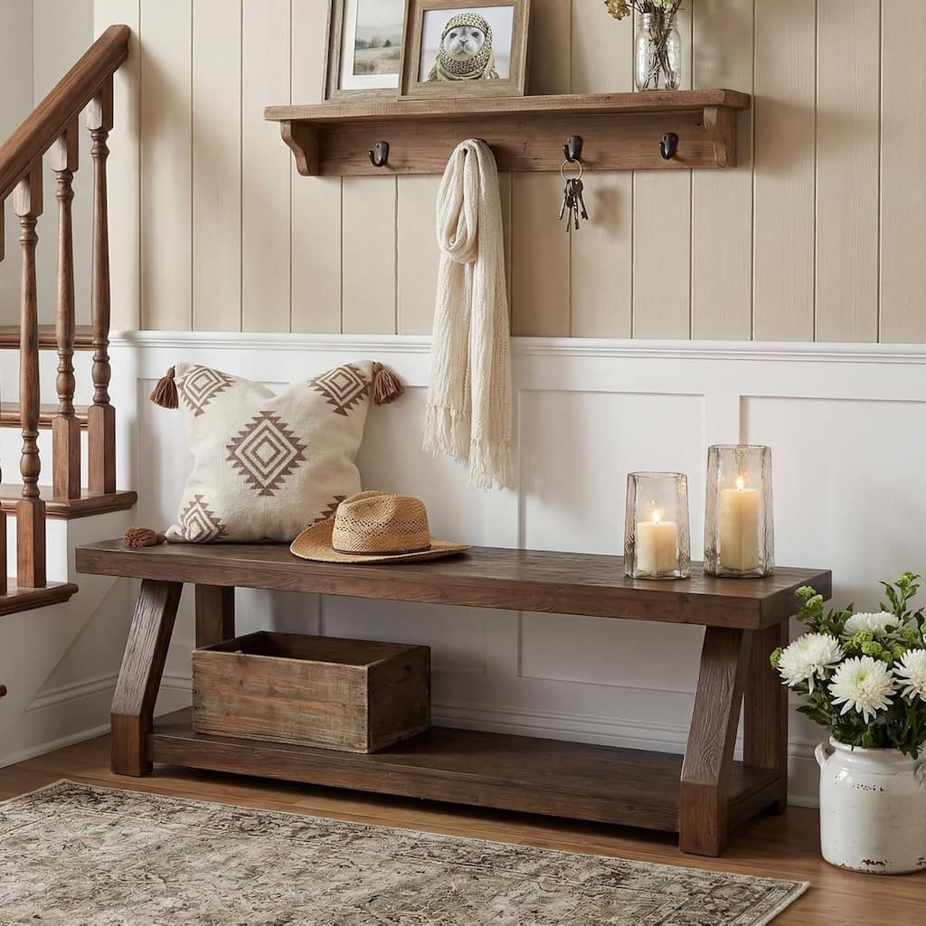 63" Solid Wood Bench, 2-Tier Rustic Hallway Entryway Bench with Shoe Storage - 63" W x 15.7" D x 19.7" H