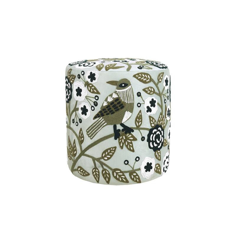 Nico Embroidered Velvet Round Ottoman, 17"D x 17"W x 18"H by Sevita