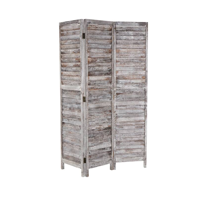 Gray Wood Distressed Shutter Top 3 Panel Partition Room Divider Screen with Brown Accents