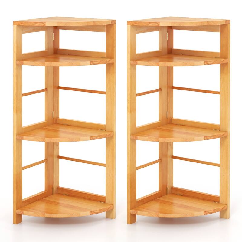 Gymax 2PCS 4-Tier Corner Shelf w/ Rubber Wood Frame Anti-Toppling Kit - Natural