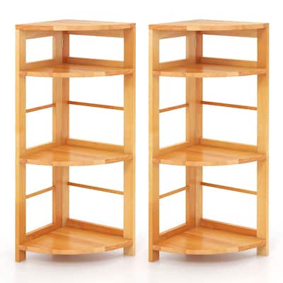 Gymax 2PCS 4-Tier Corner Shelf w/ Rubber Wood Frame Anti-Toppling Kit