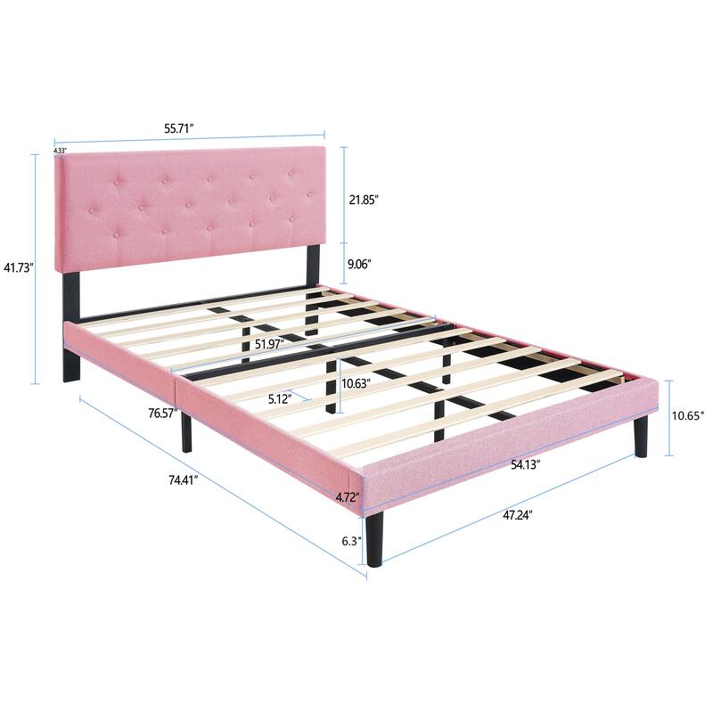 Pink Full Size Upholstered Platform Bed Frame with Button Tufted Linen Fabric Headboard