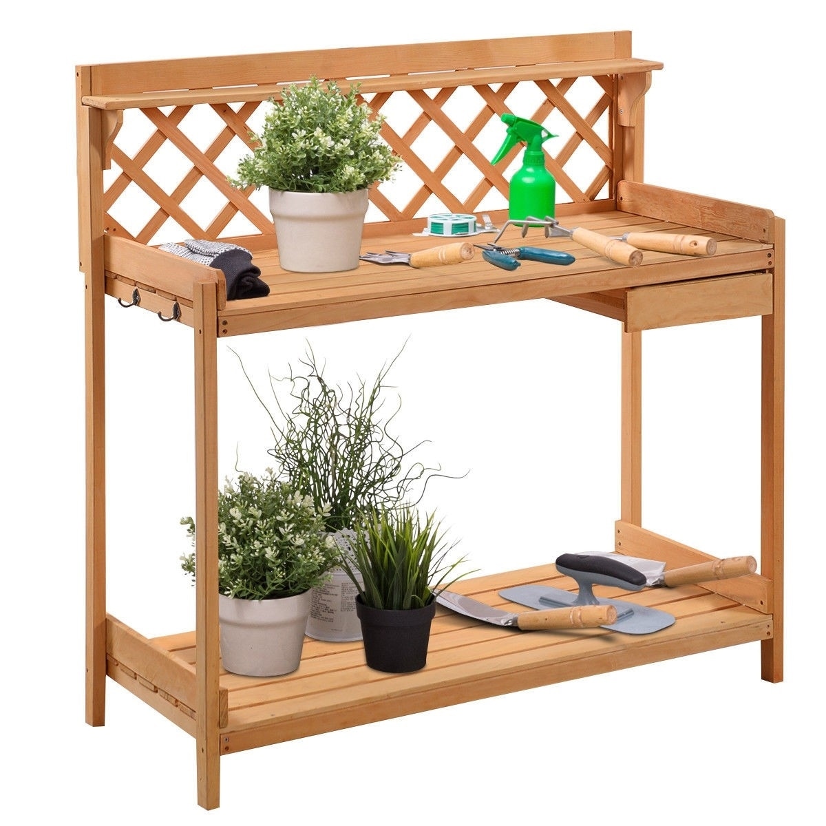 Storage Shelves,Hooks，Sink,Garden Table for Patio Beige HomVent Outdoor Potting Bench Wooden Garden Potting Table w/Drawer Backyard and Porch 