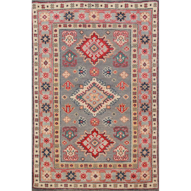 Geometric Gray Kazak Foyer Rug Hand-Knotted Wool Carpet - 2'7"x 4'1"