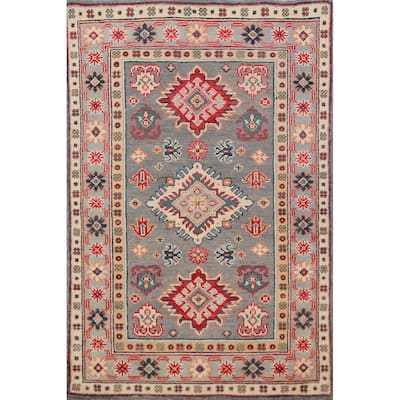 Geometric Gray Kazak Foyer Rug Hand-Knotted Wool Carpet - 2'7"x 4'1"