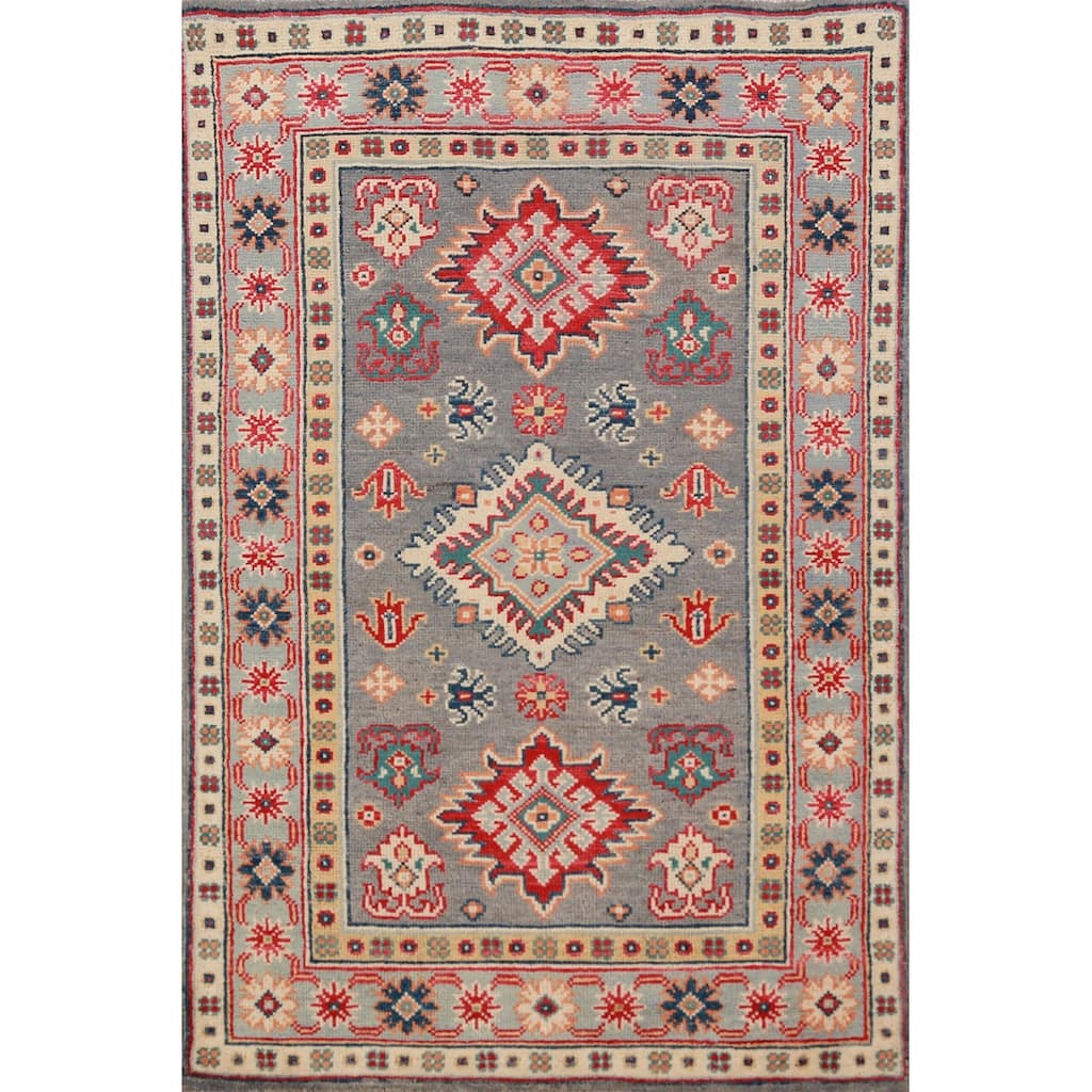 Geometric Gray Kazak Foyer Rug Hand-Knotted Wool Carpet - 2'7"x 4'1"