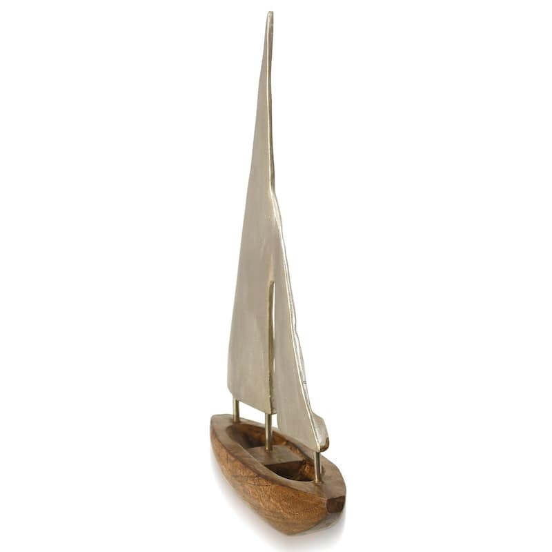 Small Pewter Sails - Natural Stained Wood Base Boat Sculpture with Pewter Metal Sails