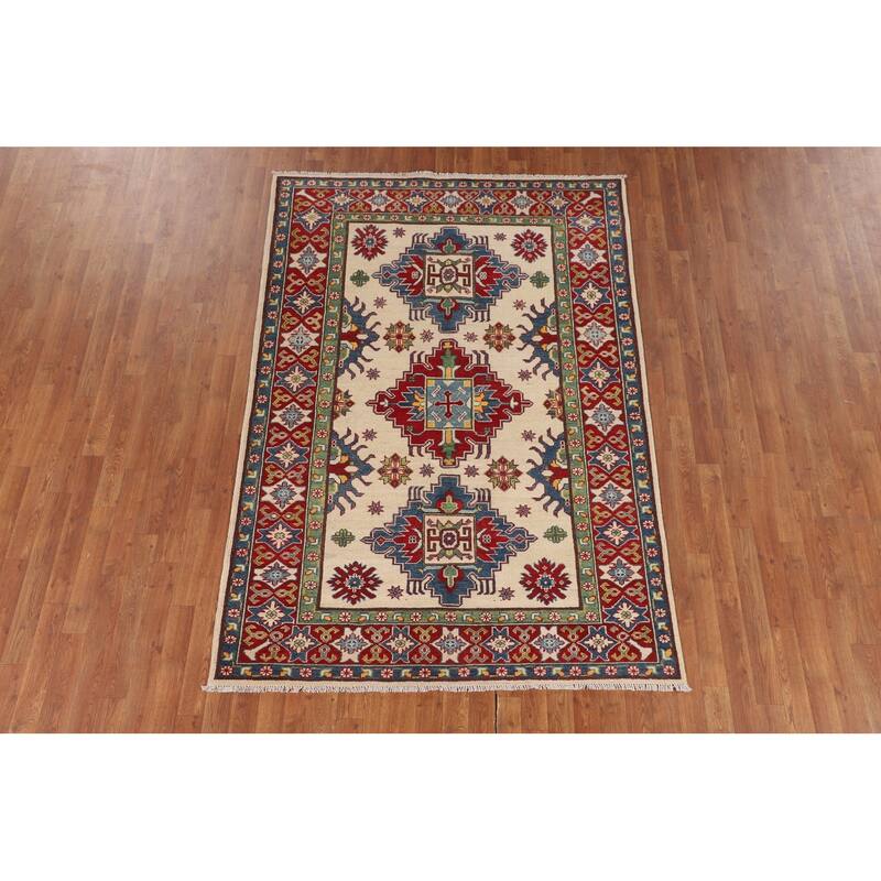 Kazak Oriental Area Rug Handmade Geometric Beige Wool Carpet - 5'0" x 7'3"