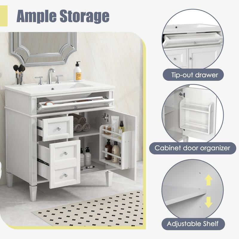 30" Bathroom Vanity Cabinet with Sink, Modern Freestanding Vanity with 2 Storage Drawers, Tip-out Drawer, and Adjustable Shelf