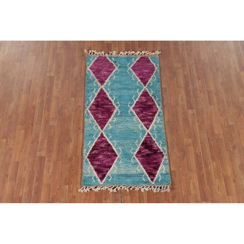 Geometric Moroccan Accent Rug Hand-Knotted Wool Carpet - 2'10" x 5'4"