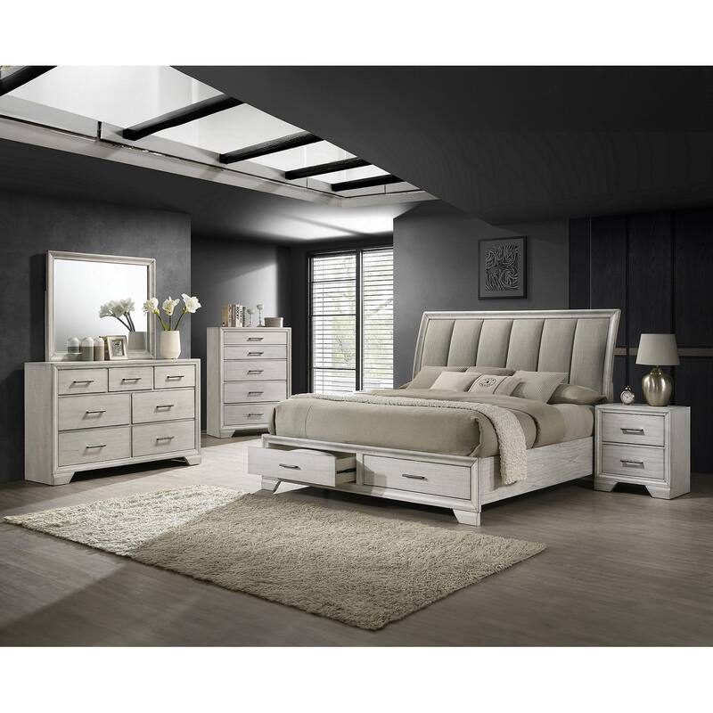 Queen Storage Platform Bed with Upholstered Headboard and Storage Drawers in White Mist