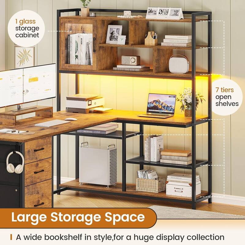 L Shaped Computer Desk 58'' Office Desk with 3 Drawers and Bookshelf