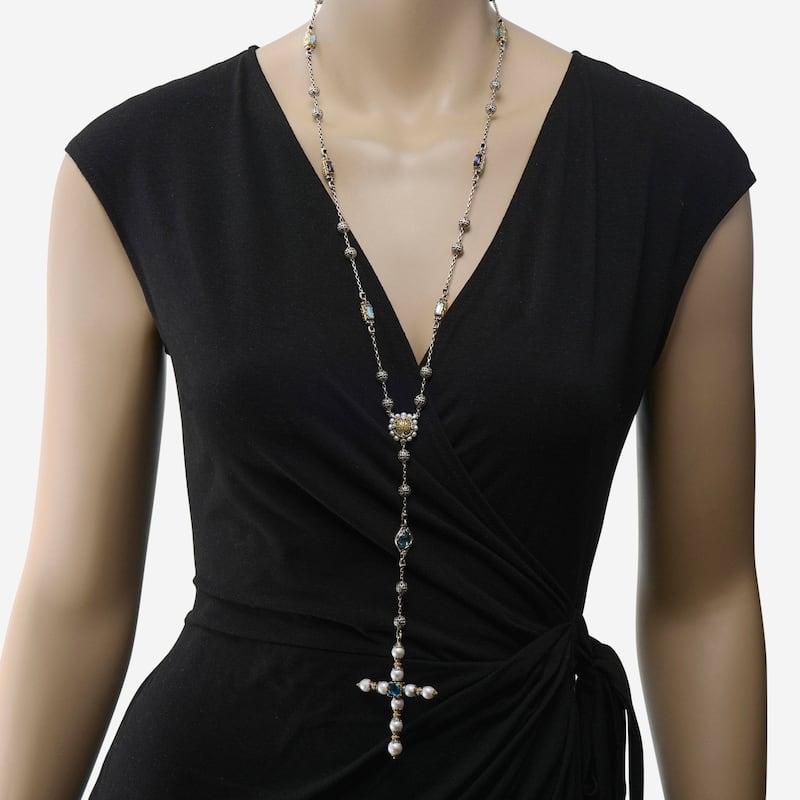Konstantino Kleos Sterling Silver & 18K Yellow Gold, London Blue Topaz, Pearl & Iolite Lariat Cross Necklace - 28"