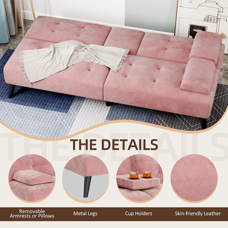 3-in-1 Convertible Sofa Bed with Folding Cup Holders & Adjustable Backrest – Modern Futon with Removable Armrests