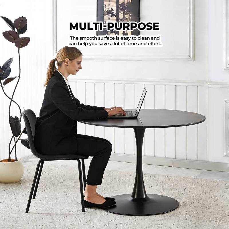 Modern Round Dining Table for 4-6 People, Tulip Table with MDF Top & Metal Pedestal Base for Dining Room, Kitchen, Living Room