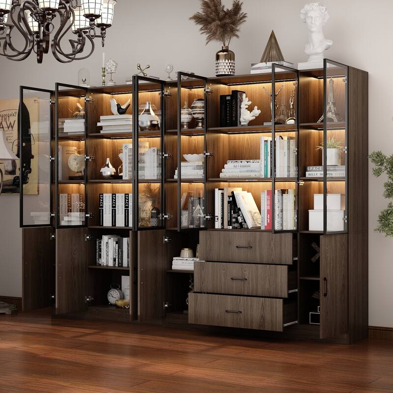LED-Lit Wood Grain Cabinet - Configurable Storage for Home or Office