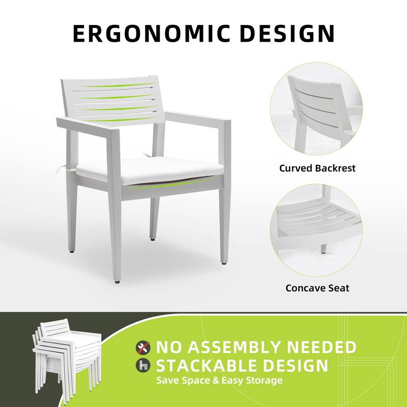 6PC Patio Aluminum Furniture, Modern Dining Set, including 4 Dining Chairs & 1 Dining Bench Sunbrella Fabric Cushioned a