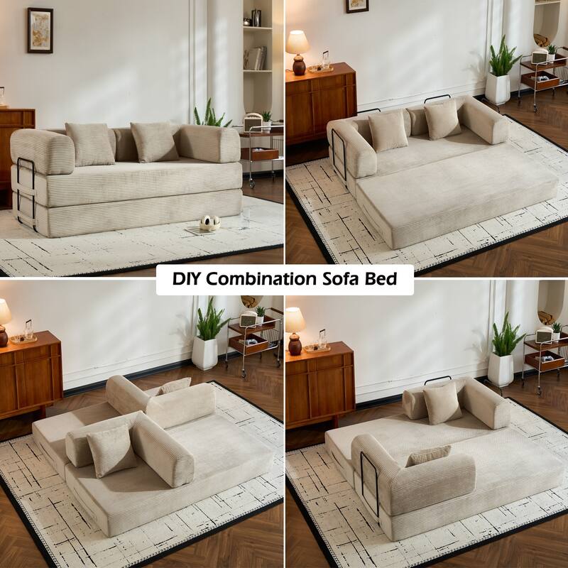 Convertible Corduroy Sleeper Sofa Bed, 4-in-1 Folding Mattress Couch with Cylindrical Pillow & Fixed-Shape Frame, No-Assembly