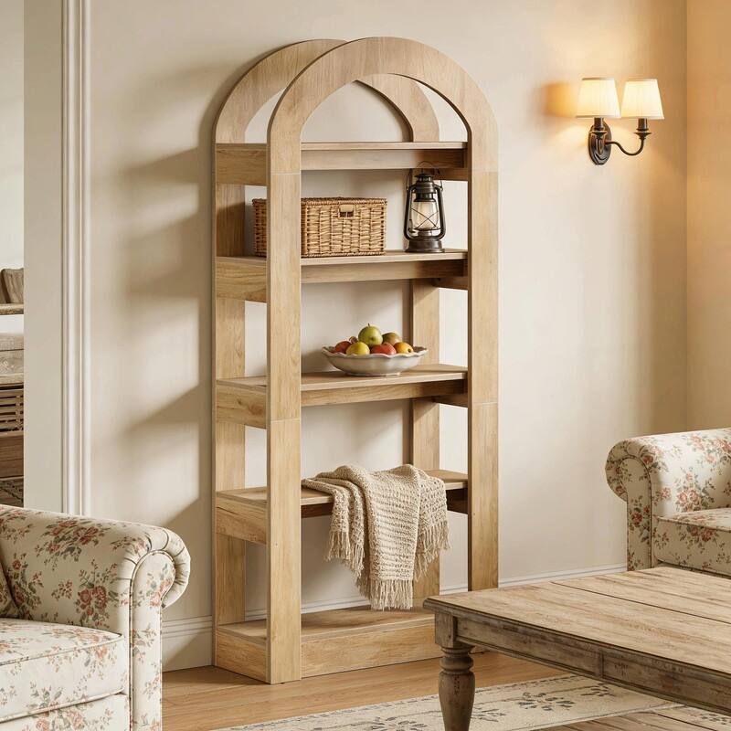 Modern Arched Bookshelf with 5 Shelves, Teak Finish MDF Storage Bookcase for Living Room or Office - Teak