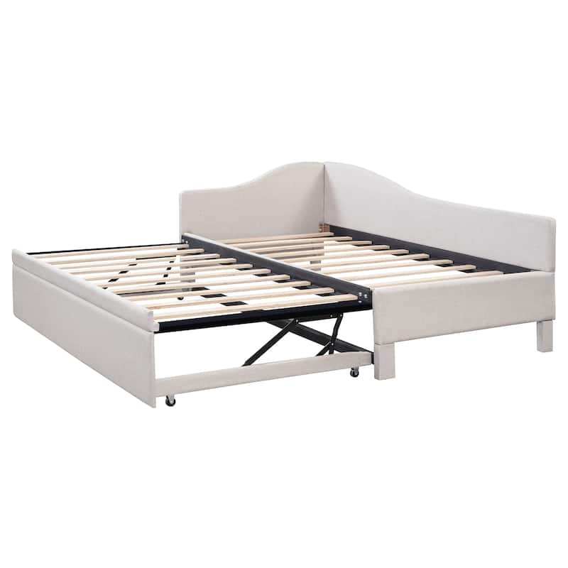 L-Shaped Daybed Twin To King Upholstered Daybed with Pop Up Trundle Linen & Wood Bed Frame for for Youth Teens or Adults