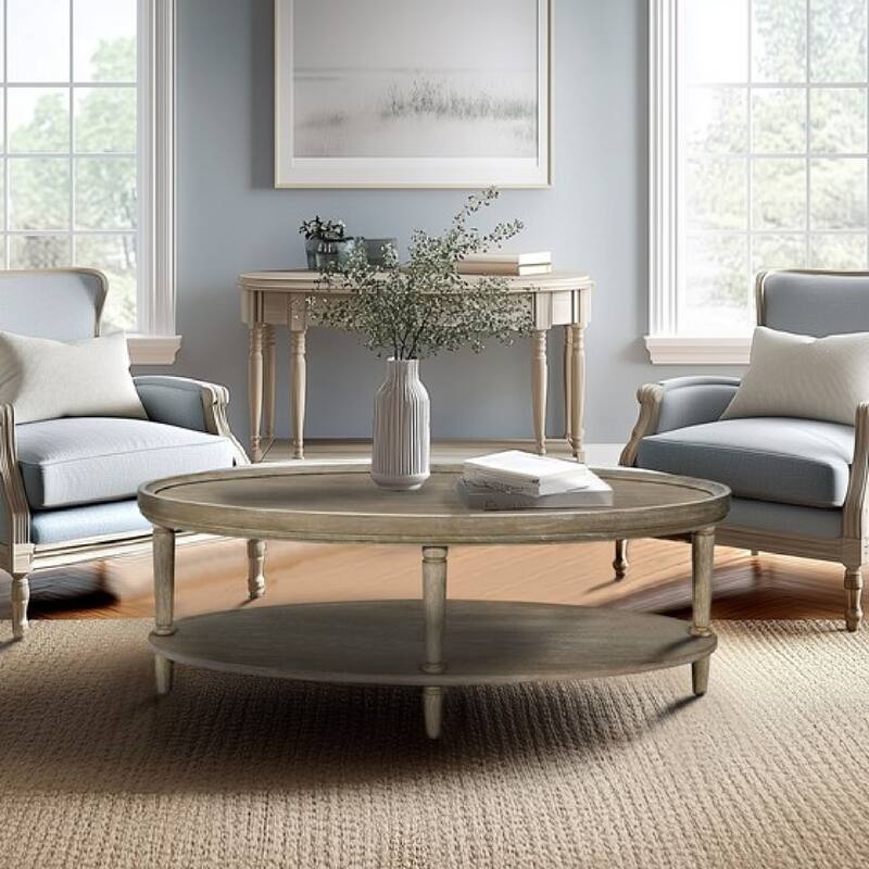 Roomfitters 48-Inch Oval Coffee Table, Martha Stewart Bedford Collection, Reclaimed Greige with Turned Legs and Storage Shelf