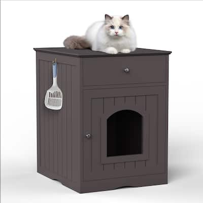 Wooden Pet House Cat Litter Box Enclosure with Drawer,Side Table,Cat Home Nightstand