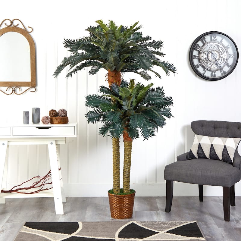 Silk Sago Palm Tree with Double Pots - 6ft & 4ft Indoor Faux Plant Decor - 6ft.