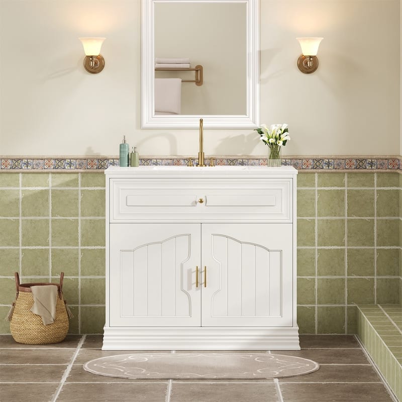 36"W Luxurious Bathroom Vanity with Ceramic Sink, Solid Wood Frame Bathroom Storage Cabinet with 2 Soft-Closing Doors - White