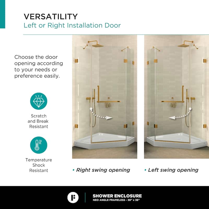 Neo Angle, Acrylic Shower Base with Compatible Glass Frameless Shower Enclosure