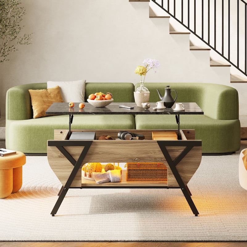 Lift-Top Coffee Table with LED Light and Storage Shelf