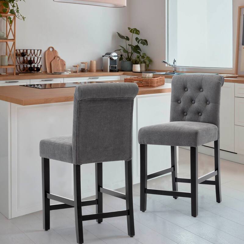 24 Inches Fabric Upholstered Counter Height Bar Stools with Button Tufted Back Set of 2