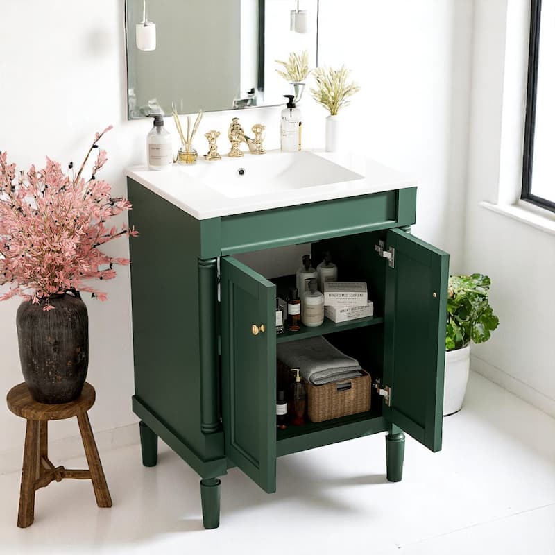 24 Inch Freestanding Bathroom Vanity with Sink, 2-Tier Enclosed Storage Shelves, Drop-in Ceramic Top