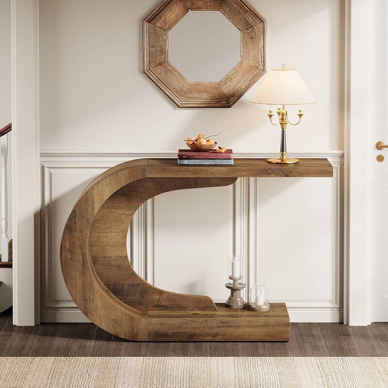 43.3 Inches Brown Wood C-Shaped Console Table, Mid-Century Modern Entryway Table for Living Room - Brown