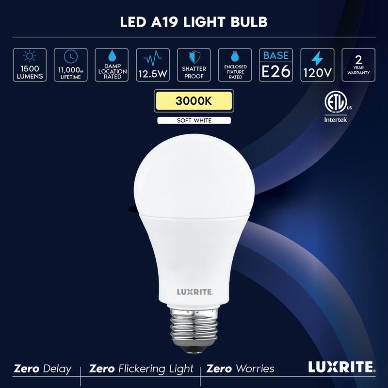 Luxrite A19 LED Light Bulb 12.5W=100W 3000K 1500LM Non-Dimmable E26 Damp Rated ETL Listed 48 Pack - Soft White